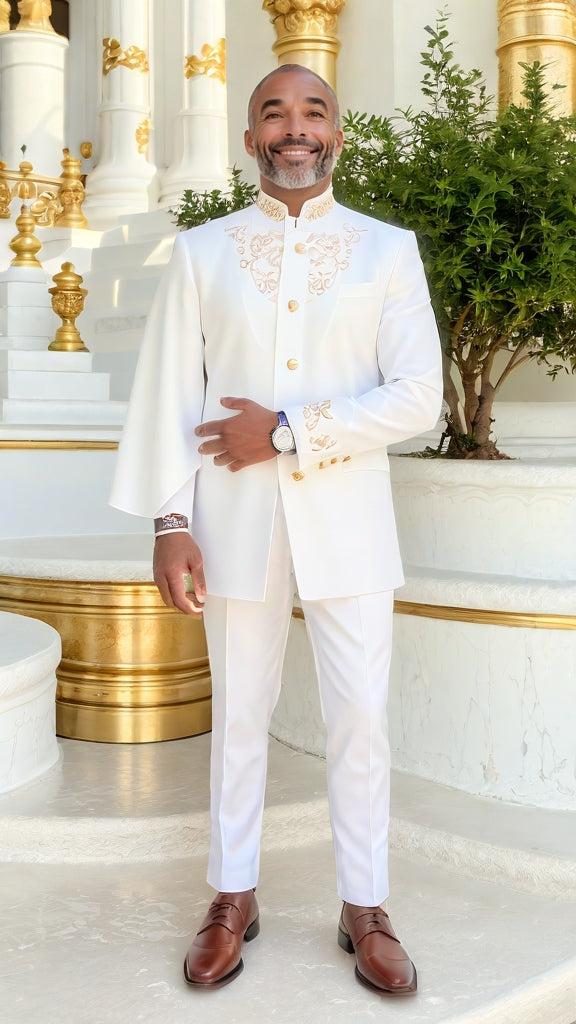 Taharqa Slim-Fit White African Suit with Gold Embroidery | Premium Style