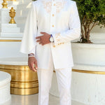 Dupsie's Taharqa Slim-Fit Long-Sleeve White African Suit with Gold Embroidery DPASWGC10