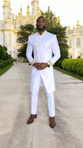 Dupsie's White Gold embroidered slim fit suit set chain African fashion men