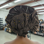 Chocolate brown Onjawu Aso Oke pre-tied head wrap African ladies hat with gold embellishments for African fashion and African attire.