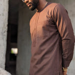 Coffee-brown African Senator Kaftan top with matching drawstring pants for men