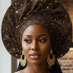 Coffee brown Aso Oke Autogele African head wrap hat by Dupsie’s African Fashion for African clothing for women and Nigerian weddings.