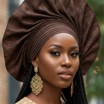 Coffee-brown Aso Oke Autogele ready gele African hat for women with chocolate-brown streaks by Dupsie’s African Fashion