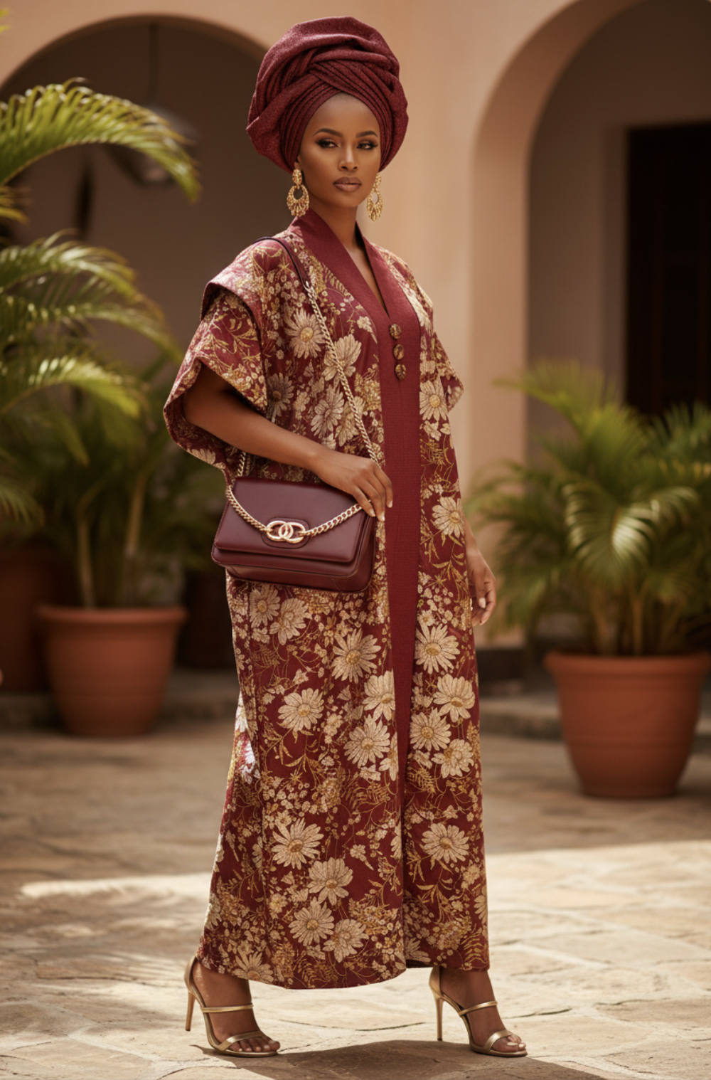 Dunola royal burgundy African boubou dress with gold damask print and Aso Oke trim by Dupsie’s African Fashion, luxury African clothing and African dress 