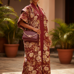 Dunola royal burgundy African boubou dress with gold damask print and Aso Oke trim by Dupsie’s African Fashion, luxury African clothing and African dress 