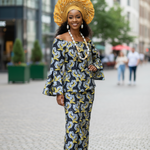 Black, silver and gold African lace top with wrap skirt, flare sleeves by Dupsie’s African Fashion