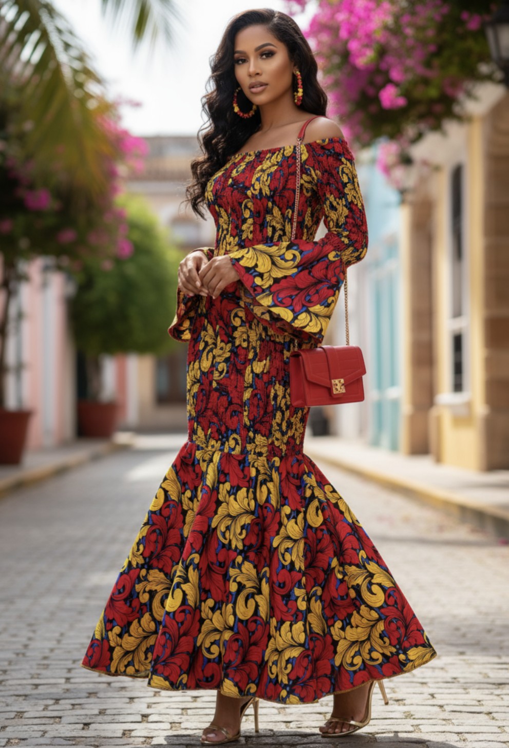 Vibrant Red Gold Blue Black Smocked Ankara Dress by Dupsie's African Fashion.