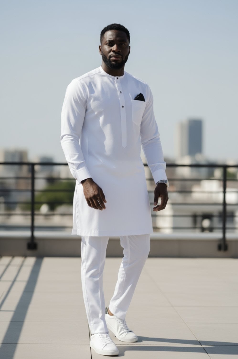 Side profile of Dupsie’s all-white Senator dashiki set showing tailored slim fit, clean lines, and breathable fabric with matching plain drawstring trousers.