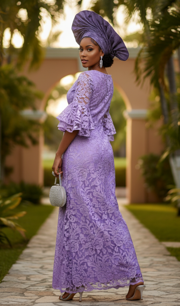 Side profile of rihanna lilac bustier African dress, elegant African lace dress with fitted silhouette by Dupsie’s African clothing brand 