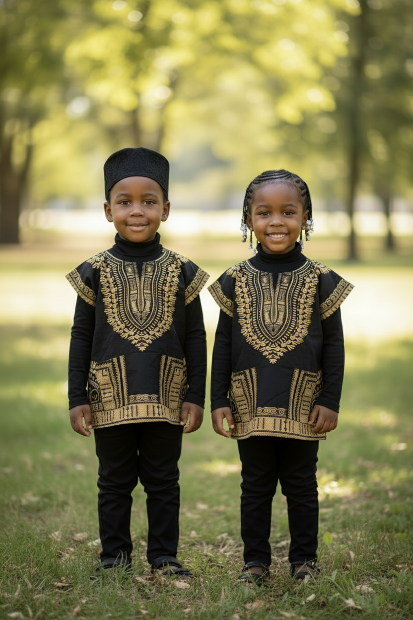 Black and gold Abeden Dashiki top for children by Dupsie's African Fashion.
