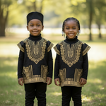 Black and gold Abeden Dashiki top for children by Dupsie's African Fashion.