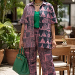 aricia African tie-dye women's pants suit by Dupsie's African Fashion featuring rhinestones, cotton fabric, and a collared kimono-style button up top.