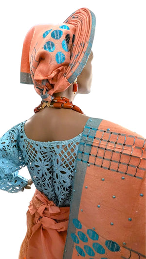 Elegant African Clothing | Peach & Teal Aso Oke Women's Outfit  Dupsie's African  Fashion
