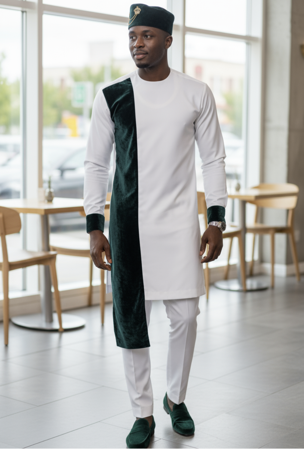 Elegant African clothing ensemble featuring a unique dashiki design with velvet accents, showcasing rich cultural symbols. 