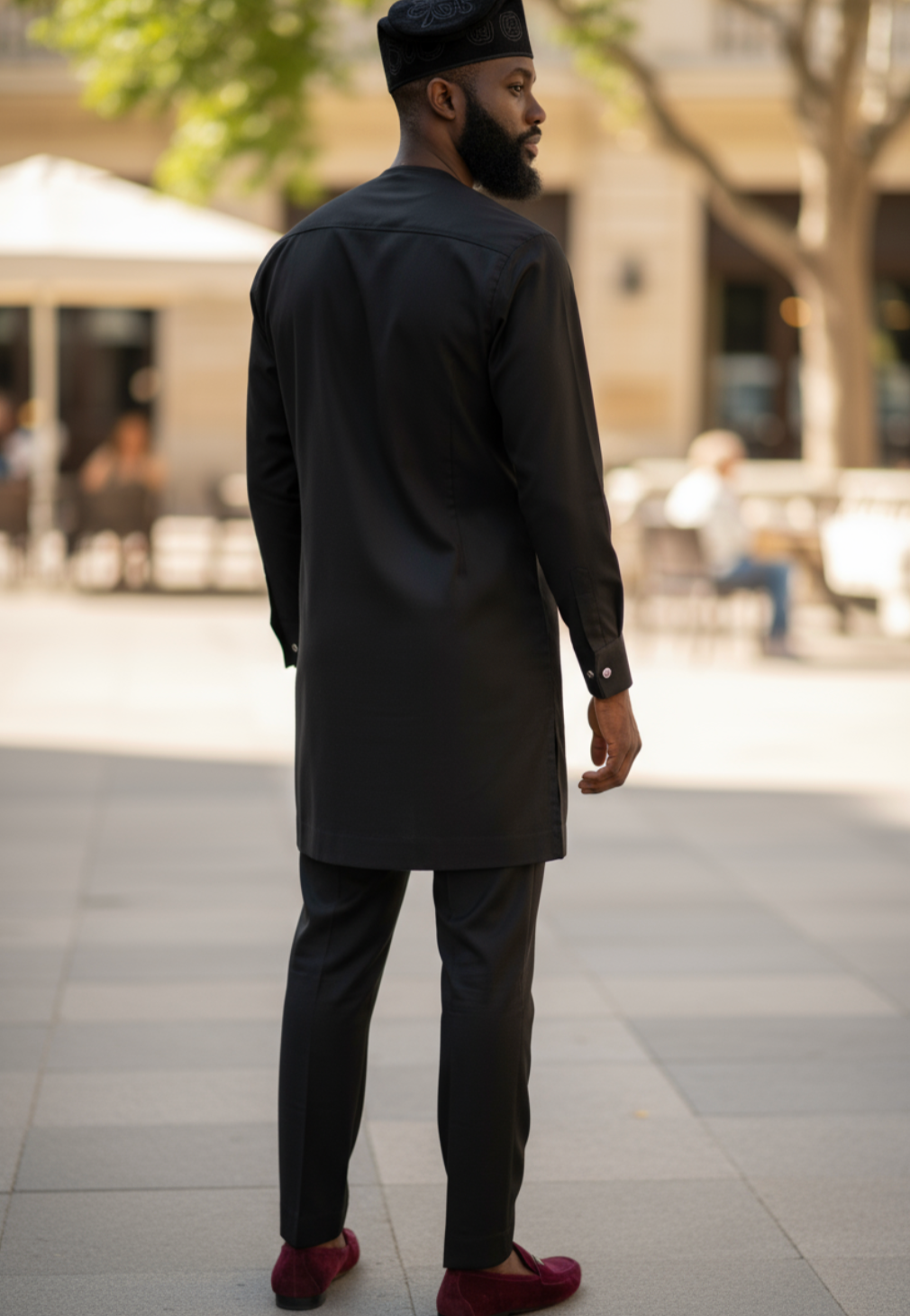 Dupsie's African Fashion Ensemble Complete look featuring the All Black Dashiki and Black Pants, showcasing contemporary African fashion style.