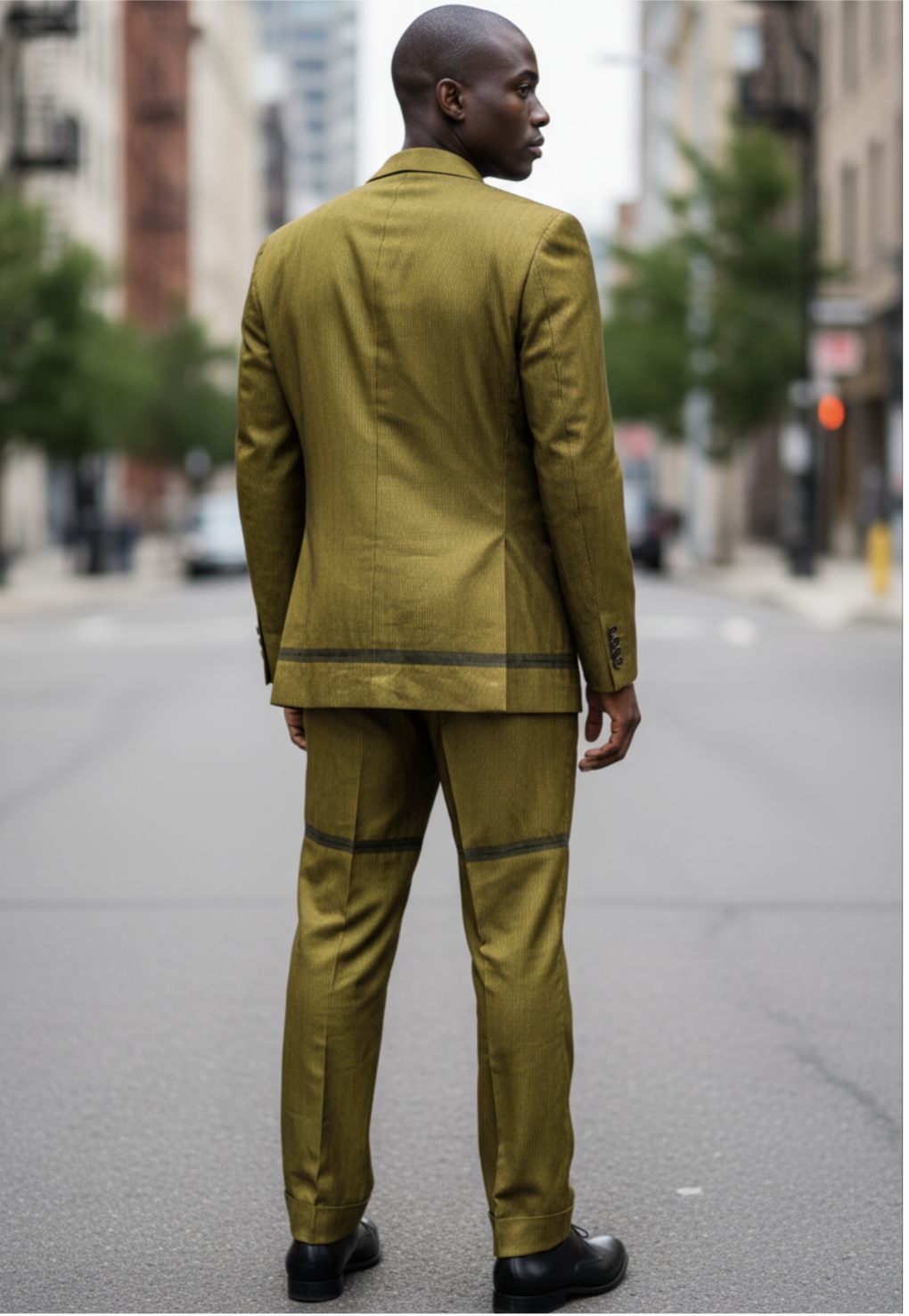 Elegant African suit ensemble featuring a unique horizontal line design and rich gold tones