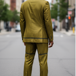 Elegant African suit ensemble featuring a unique horizontal line design and rich gold tones