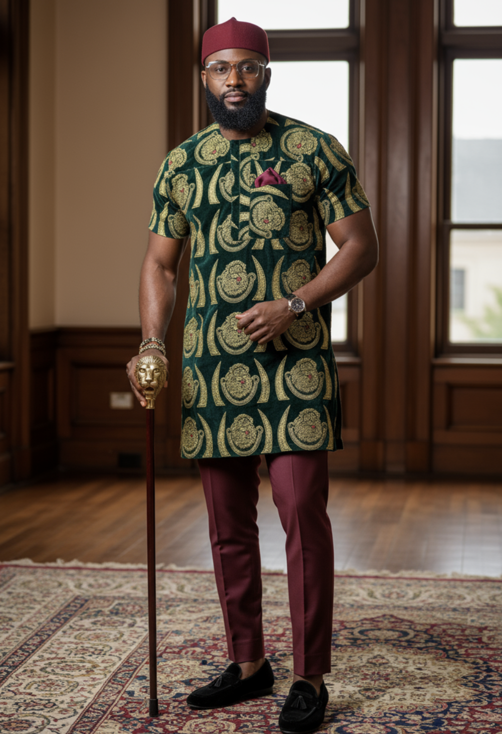 Nigerian Isiagu shirt in rich green velvet adorned with gold patterns, ideal for cultural celebrations and stylish outings