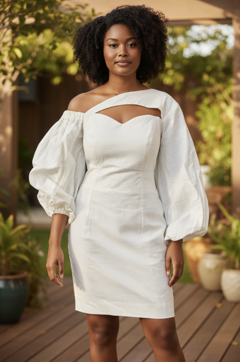 Asymmetric off-shoulder African fashion dress with smocked bodice and full sleeves, angled view