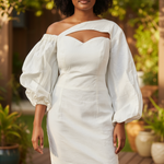 Asymmetric off-shoulder African fashion dress with smocked bodice and full sleeves, angled view