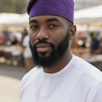 Joba purple handwoven Aso Oke fila African hat for men by Dupsie’s African Fashion, premium Nigerian wedding African clothing and African men fashion accessory.