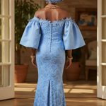 Back view of light‑blue African lace dress with invisible zipper and center lower‑back slit, designed by Dupsie’s African Fashion