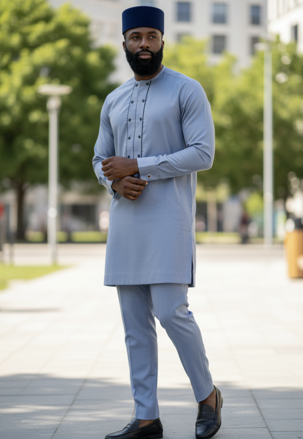 Light-blue African Senator Dashiki top with navy embroidery and matching drawstring pants by Dupsie’s African Fashion