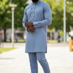 Light-blue African Senator Dashiki top with navy embroidery and matching drawstring pants by Dupsie’s African Fashion