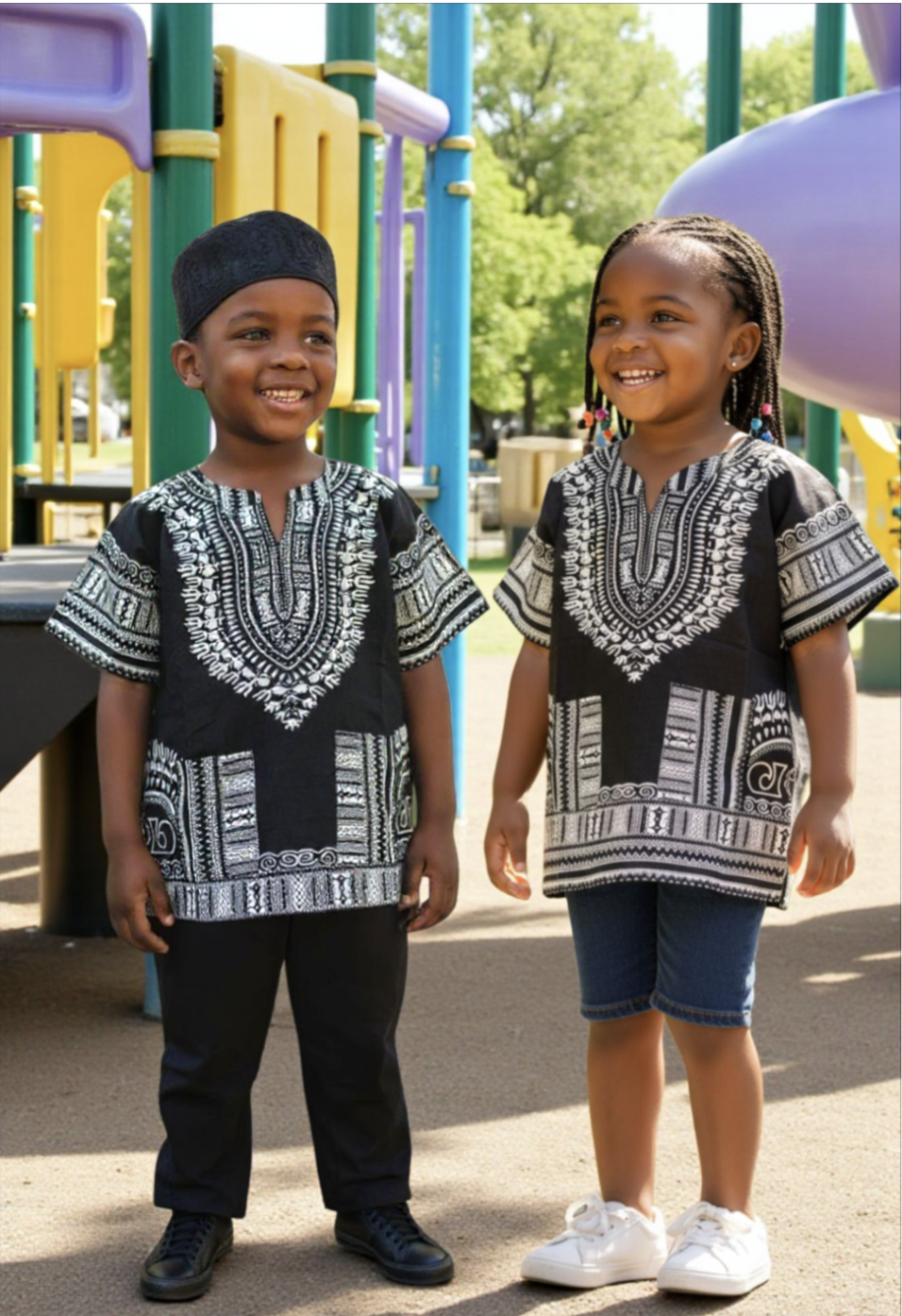 Black and white Nuru Dashiki ensemble for children by Dupsie's African Fashion
