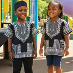 Black and white Nuru Dashiki ensemble for children by Dupsie's African Fashion