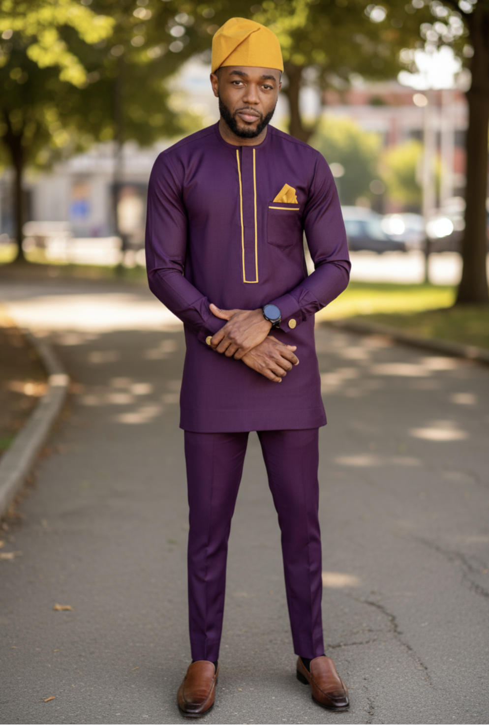 Matching purple drawstring pants complementing the luxurious African Senator Dashiki ensemble