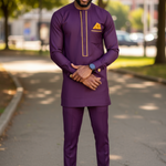 Matching purple drawstring pants complementing the luxurious African Senator Dashiki ensemble