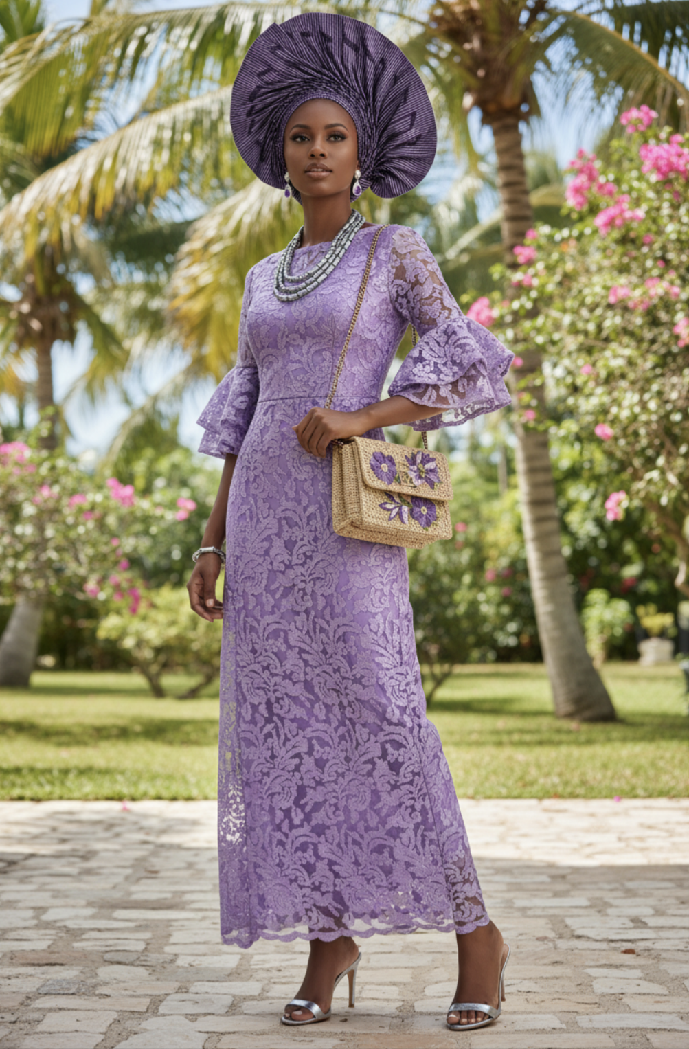 Front view of Rihanna lilac African lace dress by Dupsie’s African Fashion, bustier African dress with layered sleeves, premium African clothing 