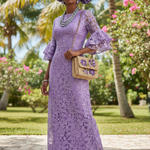 Front view of Rihanna lilac African lace dress by Dupsie’s African Fashion, bustier African dress with layered sleeves, premium African clothing 