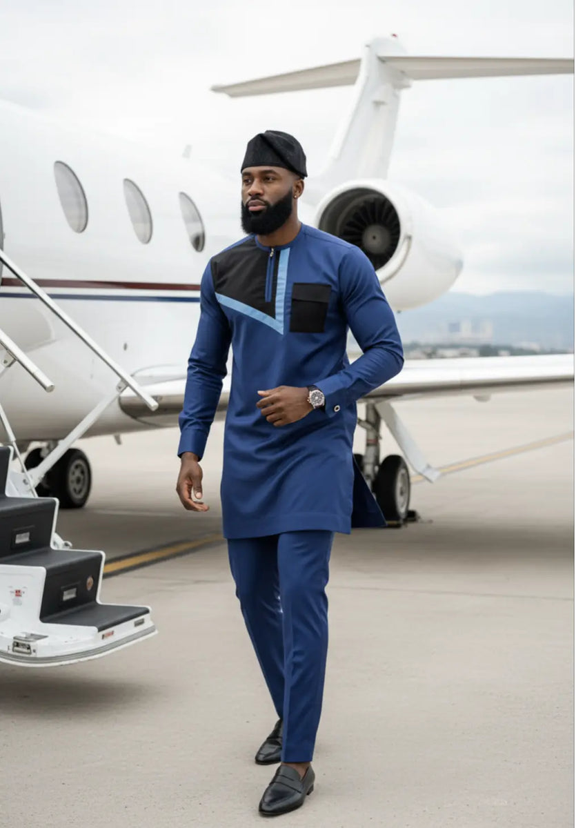 Nkem Royal-Blue African Senator Dashiki Top with Black & Light-Blue ...