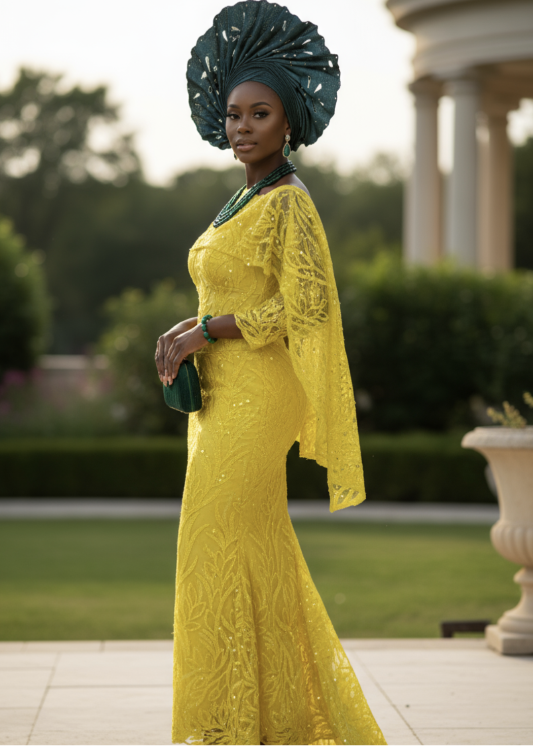 Elegant bustier cut yellow dress with a unique shawl detail