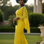 Elegant bustier cut yellow dress with a unique shawl detail