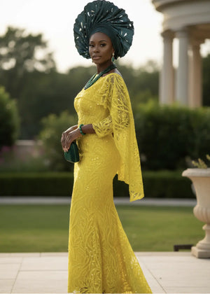 Addunola Elegant Yellow Asymmetrical Neckline African Sequin Lace Addunola Elegant Yellow Asymmetrical Neckline African Sequin Lace