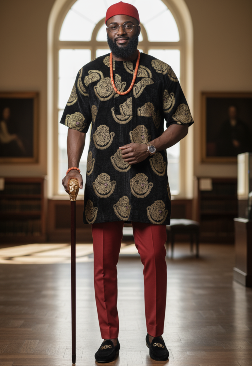 Dupsie's African Velvet Isiagu shirt in black with an intricate gold paisley pattern, modeled by a man in a formal setting