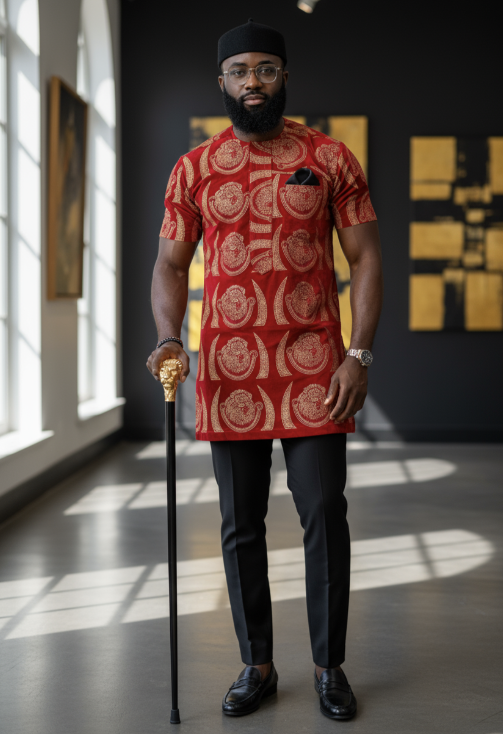 Dupsie's African Velvet Isiagu shirt in red and gold pattern, modeled by a man with a cane in a stylish modern interior. Velvet Gu