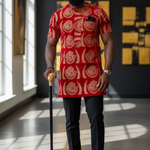 Dupsie's African Velvet Isiagu shirt in red and gold pattern, modeled by a man with a cane in a stylish modern interior. Velvet Gu
