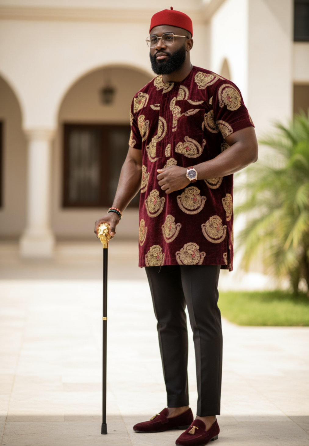 Dupsie's African Velvet Isiagu shirt in traditional red and gold pattern, showcasing intricate embroidery and luxurious fabric