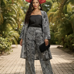 Front view of Anaya African print kimono top and pants set with rhinestones by Dupsie’s, modern Nigerian African fashion for women and African clothing.
