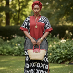 Front view of Awah African print Boubou dress showing black off‑white X and O African pattern and red Aso Oke collar, elegant African attire for women