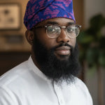 Front view of Bayo Mint-Green Royal-Blue Fuchsia-Pink handwoven Aso Oke African hat for men by Dupsie’s African Fashion showing detailed African clothing pattern