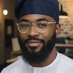 Dhare embroidered navy blue fila kufi African hat for men by Dupsie’s African Fashion, handwoven cotton Yoruba hat for Nigerian weddings and African clothing for men