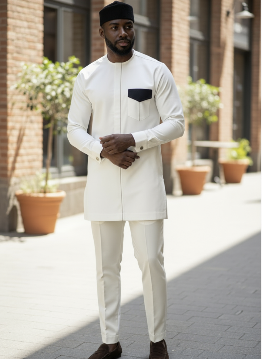 Ivory and Black African kaftan suit for men by Dupsie's African clothing