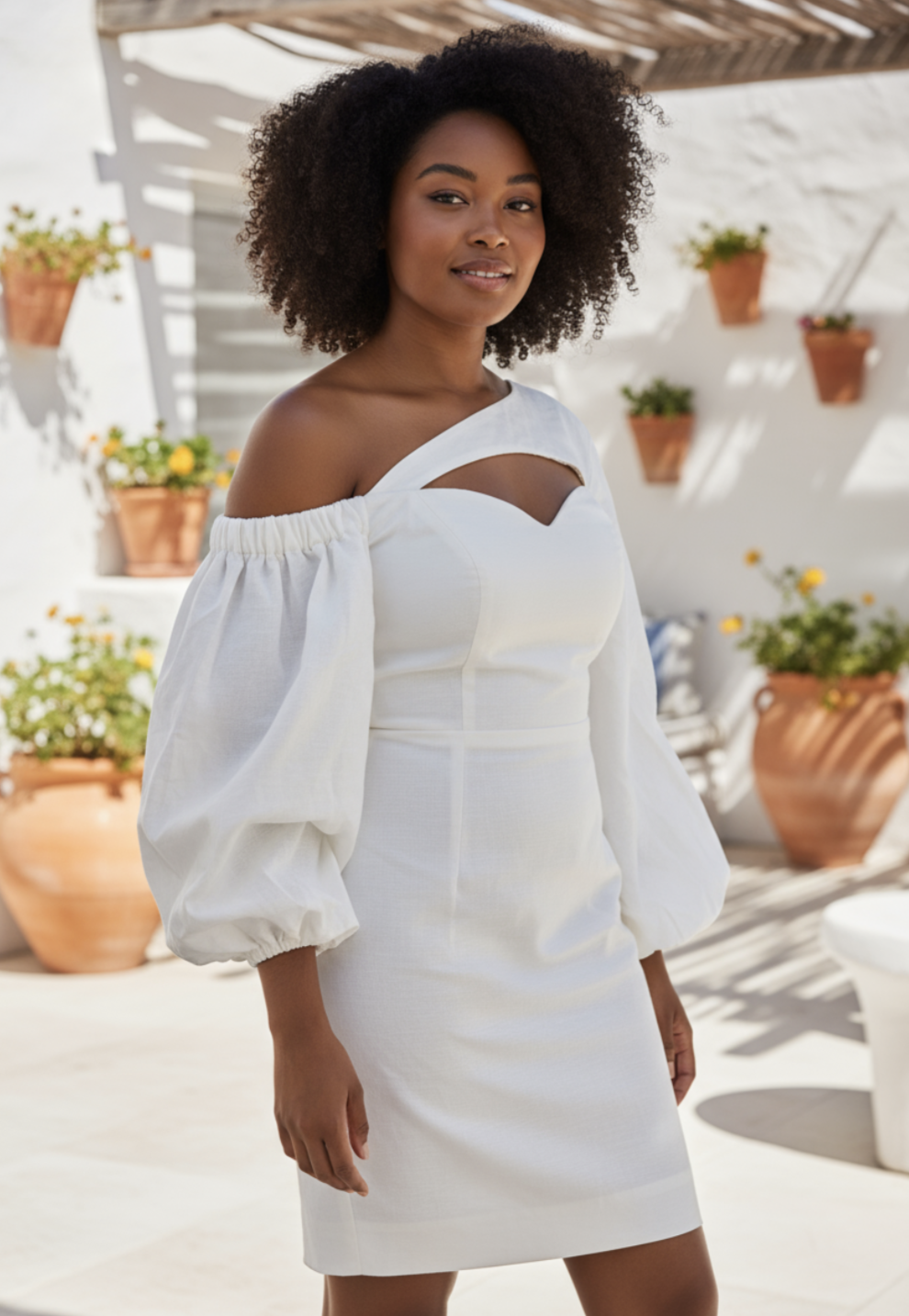 Side view showing smocked waist and sculpted fit on ivory off-white African dress