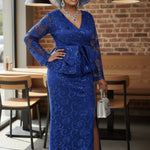 Side view of Jacque African lace dress with thigh-high slit in royal-blue cotton lace, sequins and rhinestones, premium African fashion for women