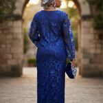 Jacque royal-blue African lace dress styled as Nigerian wedding guest dress, elegant African party dress for women by Dupsie’s African Fashion